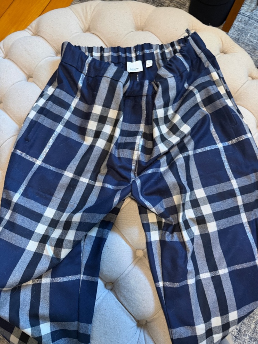 Burberry Navy, White and Gray Wide Leg Plaid Pants